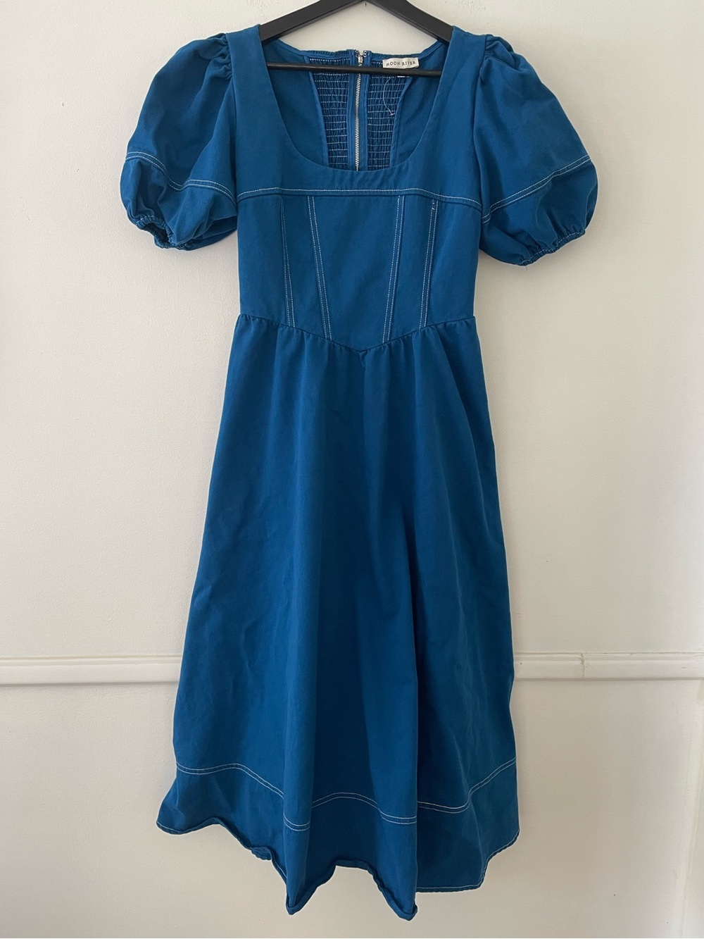 Moon River Puff Sleeve 100% Cotton Canvas Midi Dress Size L